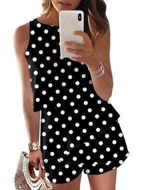 Women's Black Dot Summer Casual Ruffle Chiffon Polyester Sleeveless Romper